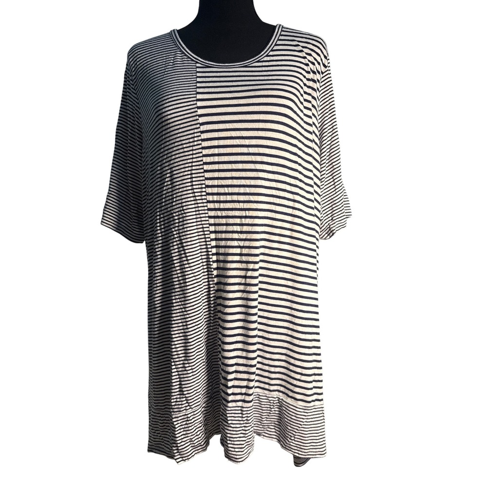 Coldwater Creek Womens 1X Tunic Top Navy Blue White Mixed Stripe Elbow Sleeve